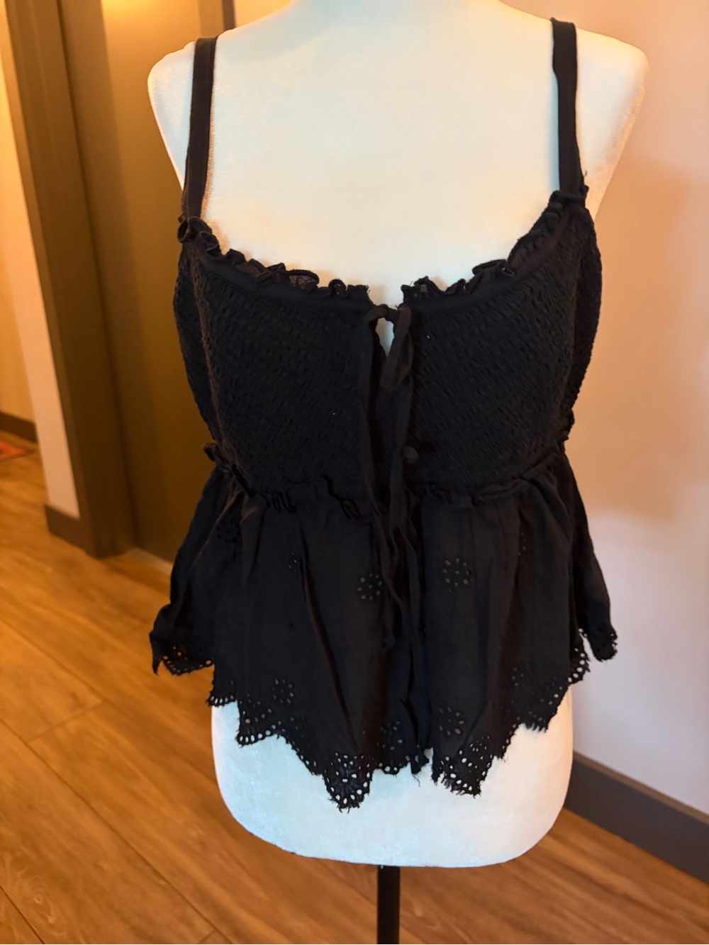 GAP Black Smocked Tie-Front Eyelet Tank Top